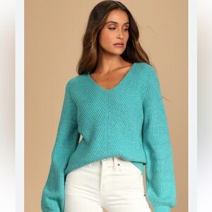 Lulu's Teal V-Neck Rib Knit Sweater